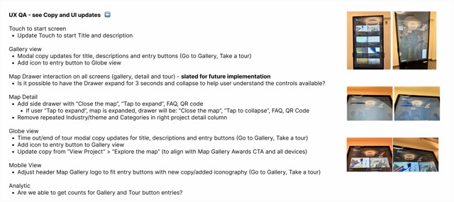 UX QA documentation of the kiosk experience ahead of the onsite launch